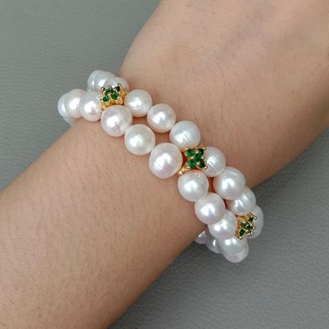 Cultured White near round freshwater Pearl Green Cz Spacer Stretch Bracelet ► Photo 1/5