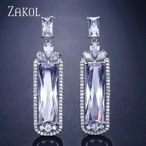 ZAKOL Transparent Big Baguette Cubic Zirconia Long Drop Earrings for Women Wedding Dinner Party Jewelry FSEP2326 ► Photo 1/6