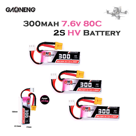 Gaoneng Lipo 2S 7.6V 300mAh 80C/160C Battery XT30 For Micro RC FPV Cine Whoop Beta Racing Drone GNB 300mah 2S HV Battery Parts ► Photo 1/6