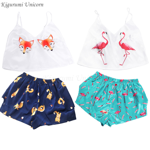 Fox Cartoon Print Lovely Sleepwear Summer V Neck Sexy Pyjamas Women Spaghetti Strap Loose Pijama Home Suit Kigurumi Unicorn ► Photo 1/6