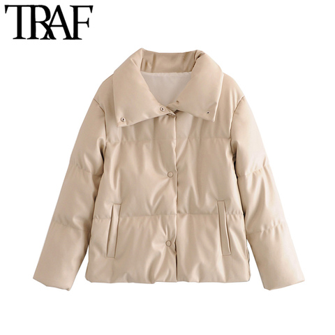 TRAF Women Fashion Faux Leather Thick Warm Padded Jacket Coat Vintage Long Sleeve Pockets Female Outerwear Chic Tops ► Photo 1/6