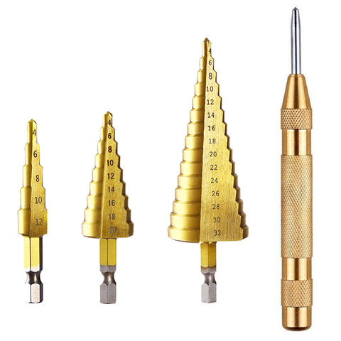 3 pcs HSS Straight Groove Step Drill Bit Sets with 1 pcs Automatic Center Punch for DIY Woodworking, Metal, Plastic Hole Cutter ► Photo 1/6