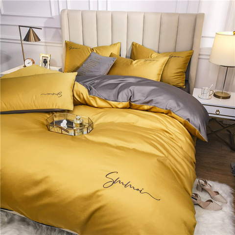 OLOEY 60S long-staple cotton Bedding Set Egyptian Solid color embroidery Bed set Duvet Cover Bed Sheet spread Fit sheet bed set ► Photo 1/6