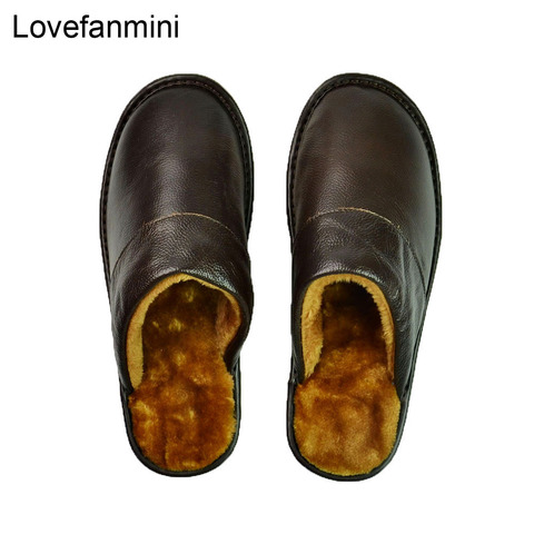 Genuine Cow Leather slippers couple indoor non-slip men women home fashion casual shoes PVC soft soles winter 618 ► Photo 1/6
