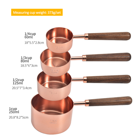 4pcs Walnut Wooden Handle Stainless Steel Measuring Cups Spoons Plated Copper Rose Gold Kitchen Baking Measuring Spoon Set ► Photo 1/6