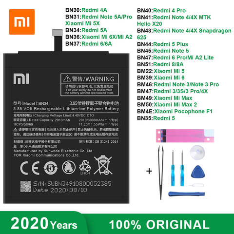 Original  Xiaomi Phone Battery BN34 BM47 BN43 BN47 for Redmi 3 3S 3X 4X 4/5/6A 6 8 5Plus Note 3/4/4X/5/5A/6 Pro Mi 5 6 A2 Max 2 ► Photo 1/6