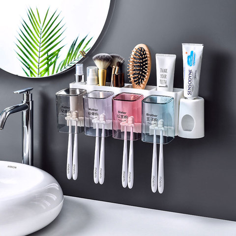 Nail-free Wall-mount Toothbrush Holder Toiletries Storage Rack Auto Squeezing Toothpaste Dispenser With Cup Teethbrush Accessor ► Photo 1/6