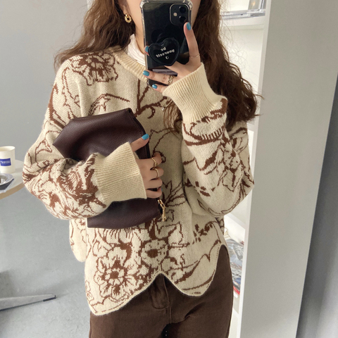 Alien Kitty Chic Women Irregular Fashion Retro O-Neck Knitwear Floral Printing Sweater 2022 Soft Korean Pullovers Top ► Photo 1/6