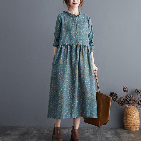 Women Cotton Linen Casual Long Dress New 2022 Autumn Vintage Floral Print Stand Collar Ladies Elegant A-line Dresses S2115 ► Photo 1/6