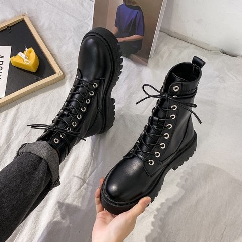 Rimocy White Black PU Leather Ankle Boots Women Autumn Winter Round Toe Lace Up Shoes Woman Fashion Motorcycle Platform Botas ► Photo 1/6