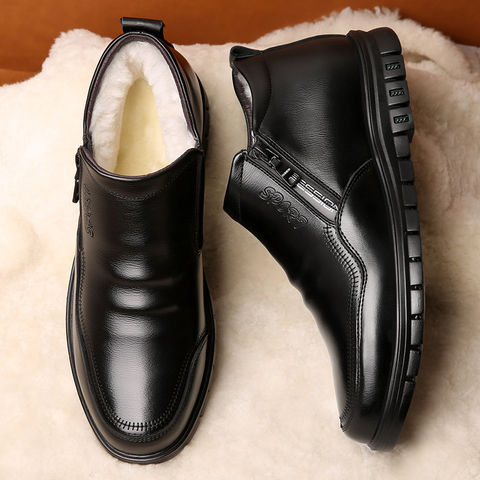 Winter Split Leather Men's White Sheep Fur Boots British Style Warm Casual High Top Cotton Shoes Wool Blend Side Zip Shoes ► Photo 1/6