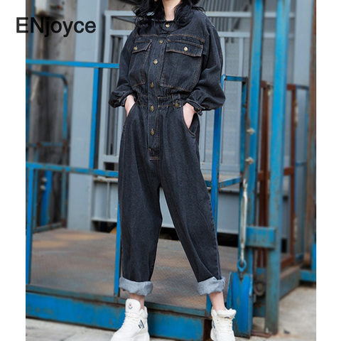 Autumn Winter Women Jumpsuits Oversize Fashion Loose Wide Leg Cargo Pockets Ladies Vintage Denim Playsuit Jump Suits ► Photo 1/6