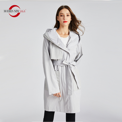 MODERN NEW SAGA Women Trench Coat Fashion Long Coat Autumn Coat Women Hooded Belt Windbreaker Spring Coat Women Overcoat Woman ► Photo 1/6