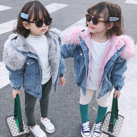 Winter children's Plush denim jacket coat New baby short large hair collar children's Plush denim jacket for boys and girls ► Photo 1/6