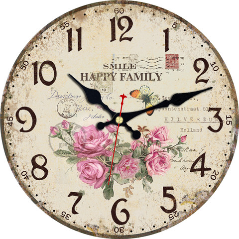 Retro Flower Floral Decorative Wooden Round Wall Clock Arabic Numerals Design Non Ticking Wall Clock Large For Bedrooms Bathroom ► Photo 1/6