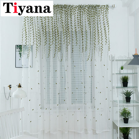 Tiyana Willow Modern Tulle Curtains For Living Room Bedroom Leaves Printed Sheer Curtains For Kitchen Green Window Drapes 438Y ► Photo 1/6