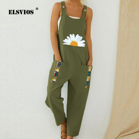 Women Loose Cotton Linen Jumpsuit 2022 Summer Floral Print Button Strappy Bodysuit Elegant Backless Pocket Wide Leg Pants Romper ► Photo 1/6