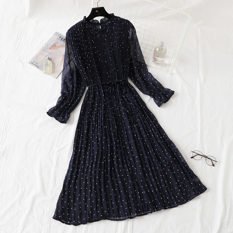 Women Print Pleated Chiffon Dress 2022 Spring Summer New Fashion Female Casual Flare Sleeve Lotus leaf neck autumn Basic Dresses ► Photo 1/6