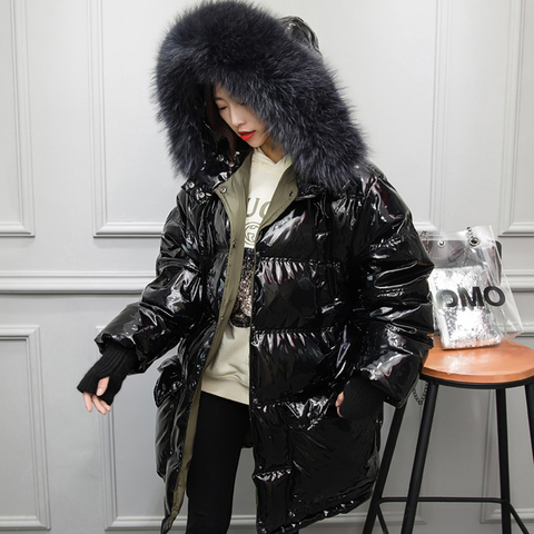 Winter 2022 Clothing Duck Down Overcoat for Woman Warm Parkas Shiny Patent Fabric Lady's Jacket Natural Big Fur Hooded Oversize ► Photo 1/6