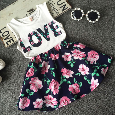 2-7T Summer Baby Girls 2pcs Set Girl Love Printed T-shirt+Floral Skirt  Children Suit Kids Clothes Set ► Photo 1/6