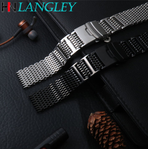 Stylish Stainless Steel Bracelet Straps Shark Mesh H-Link Watch Band Bracelet Metal Mesh Band Double Deployment Clasp 20/22/24mm ► Photo 1/6