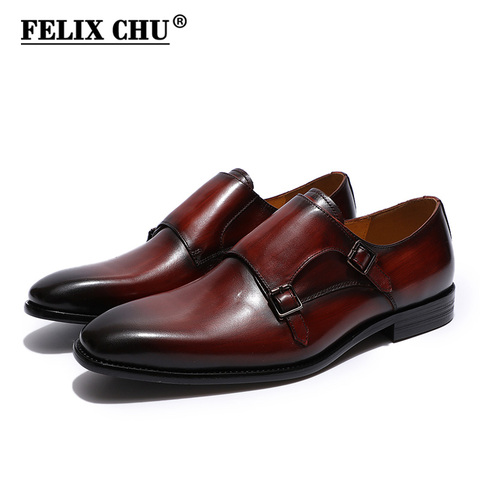 FELIX CHU Handmade Plain Toe Mens Oxford Double Buckle Monk Strap Genuine Leather Burgundy Black Classic Dress Shoes for Men ► Photo 1/6