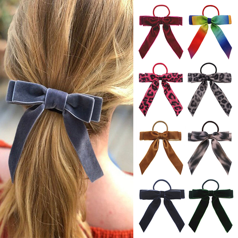 Korean Girls Hair Accessories Hair Rope Velvet Scrunchie leopard Elastic Hair Bands For Women Bow Ties Ponytail Holder Headband ► Photo 1/6