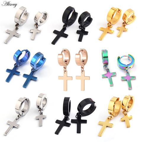 Alisouy 2pcs Women Men's Stainless Steel Dropping Earrings Black/Silver Color Cross Gothic Punk Rock Style Pendientes Mujer Moda ► Photo 1/6