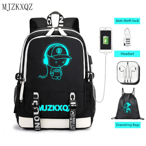 Mjzkxqz Fashion Music Luminous  USB Charging Headphone Jack Backpack School Bags Laptop Backpack Schoolbag Anime Backpack ► Photo 1/6