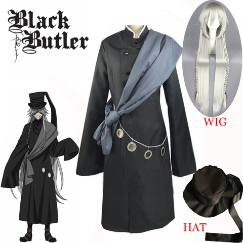 Hot Sale Black Butler Kuroshitsuji Undertaker Cosplay Costume Halloween Party Costumes Custom Made Full Set Hat Chain and wig ► Photo 1/6