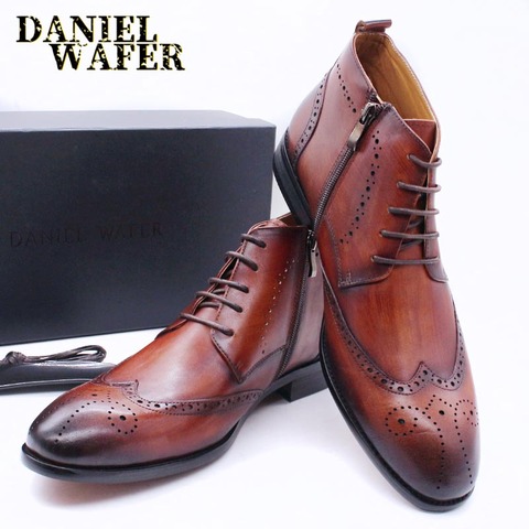 NEW FASHION LUXURY GENUINE LEATHER SHOES MEN ANKLE BOOTS HIGH GRADE TOP ZIP LACE-UP MEN DRESS SHOES BLACK BROWN BASIC BOOTS MEN ► Photo 1/6