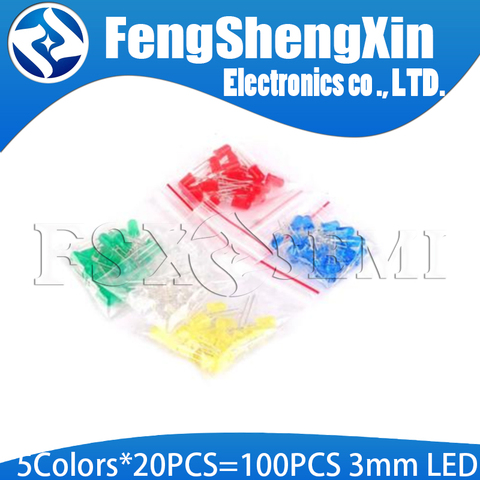 5Colors*20PCS=100PCS  F3 3MM Round LED Assortment Kit Ultra Bright Water Clear Green/Yellow/Blue/White/Red Light Emitting Diode ► Photo 1/2