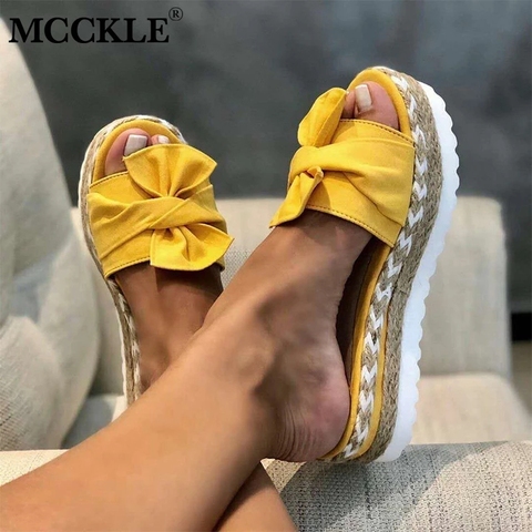 MCCKLE Slippers Women Slides Bow Summer Sandals Bow-Knot Slippers Thick Soles Flat Platform Female Floral Beach Shoes Flip Flops ► Photo 1/6