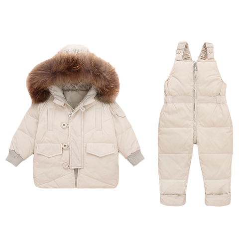 Children Down Clothing Sets 2022 Real Fur Collar Kids Winter Down Jacket Toddler Girls Warm Overalls Baby Boys Down Coat ► Photo 1/5