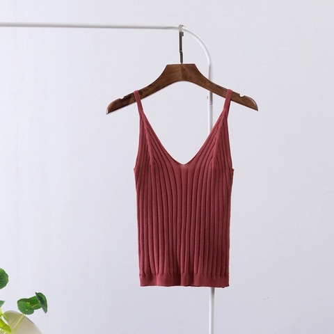 Women Sexy Knitted Crop Top Crop Sleeveless Cropped Vest Slim Sling Knitted Tank Top V-neck Plain Camisole High Elastic Camis ► Photo 1/6