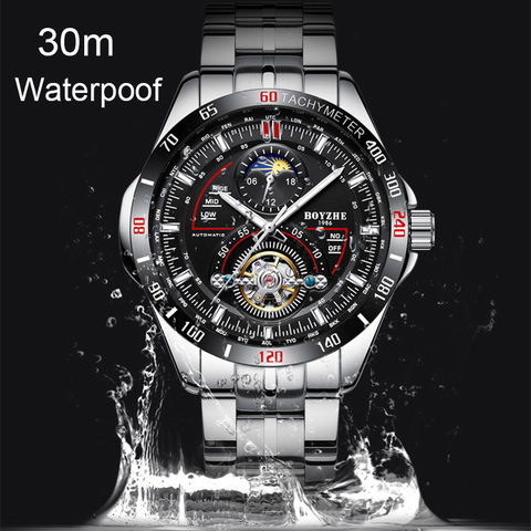 BOYZHE Watch Waterproof Moon Phase Mechanical Watches Stainless Steel Sport Automatic Tourbillon Watch Men Luminous Montre Homme ► Photo 1/6