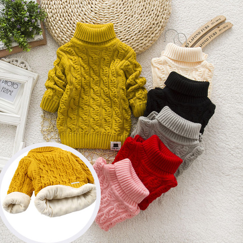 PHILOLOGY Plush inside pure color winter boy girl kid thick Knitted turtleneck shirts solid high collar pullover fluff sweater ► Photo 1/6