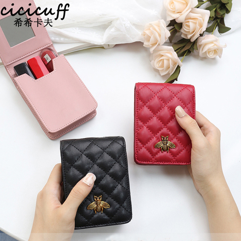 Lipsticks Case Mini Genuine Leather Walet Female Makeup Mirror Lipstick Case Plaid Cosmetic Organizer Girl's Cosmetic Cases ► Photo 1/6