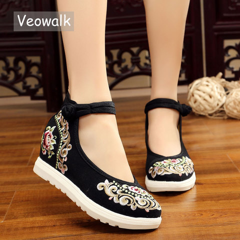 Veowalk High End Floral Embroidered Women Canvas Flat Platforms Mid Top Ankle Strap Chinese Style Ladies Casual Denim Shoes ► Photo 1/6