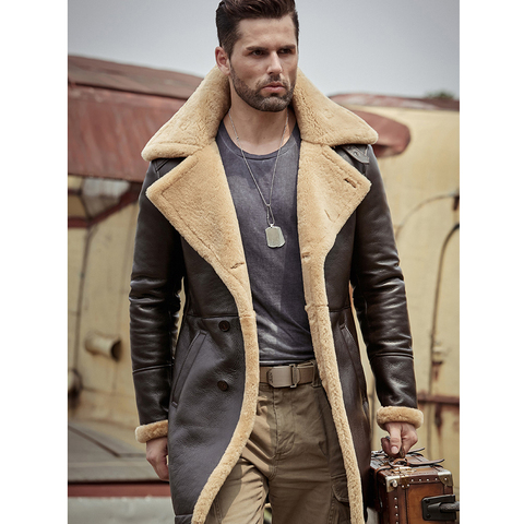 Mens Dark Brown Shearling Jacket B3 Flight Jacket Sheepskin   Aviator Long Mens Winter Coats Fur Bomber Leather Jacket ► Photo 1/6