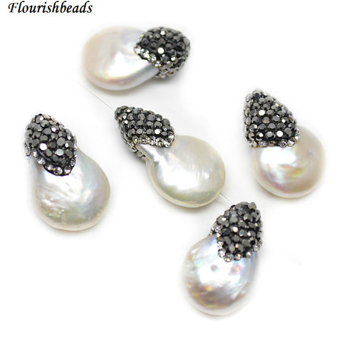 Paved Black Crystal Natural White Pearl Irregualr Flat Pear Drop Loose Beads fit Fashion Jewelry making ► Photo 1/6
