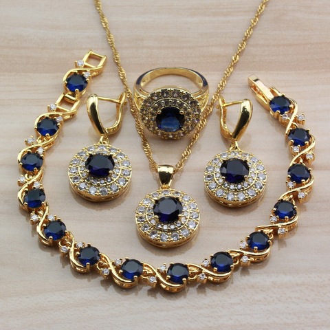 Amazing Round Blue Cubic Zirconia Yellow Gold Color Jewelry Sets For Women Africa Choker Necklace Bracelet Ring Sets ► Photo 1/6