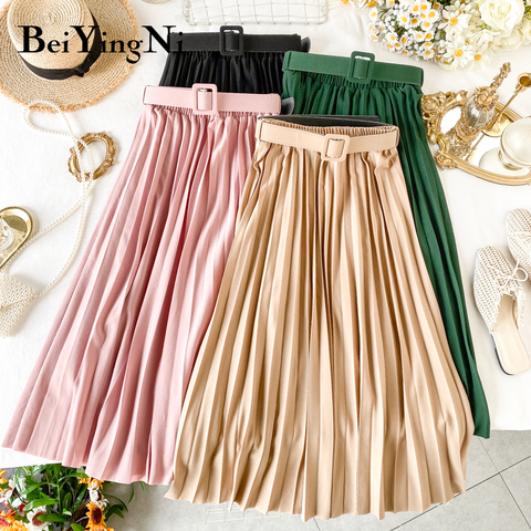 Beiyingni Korean Style Pleated Midi Skirt Women Casual New Fashion High Elastic Waist Skirts Black Pink Elegant Skirt Belt Saias ► Photo 1/6