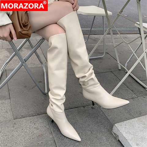 MORAZORA 2022 Size 33-43 Genuine Leather women boots stiletto heels pointed toe ladies shoes winter solid color knee high boots ► Photo 1/6