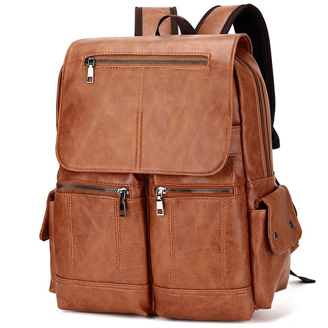 Vintage PU Leather Teenage Backpacks Retro Fashion Schoolbag Man Multifunctional Backpack Men Zipper Designer Large Capacity Bag ► Photo 1/6