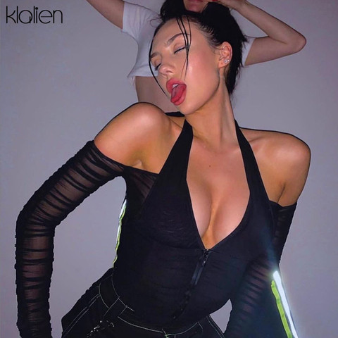 KLALIEN fashion sexy V-neck mesh patchwork shirt women Strapless long sleeve crop top 2022 hot sale club party night shirt mujer ► Photo 1/5
