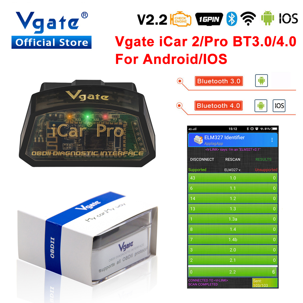 VGATE ICAR PRO Bluetooth 4.0 ELM327 OBD2 Car Diagnostic Scanner For Android iOs