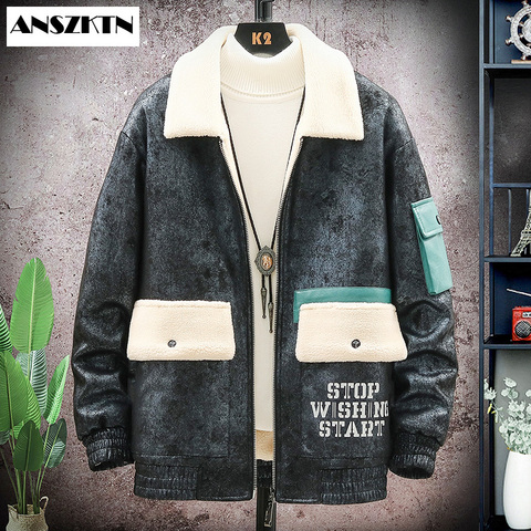 ANSZKTN new wear thick warm winter retro suede lambs wool motorcycle jacket belt leisure loose man-made leather jackets ► Photo 1/1