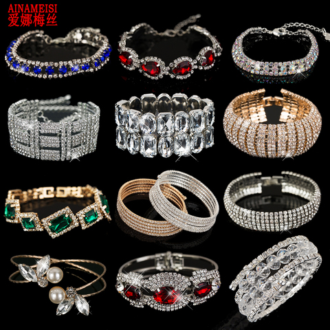 AINAMEISI Fashion Women Crystal Wedding Bracelets & Bangles Full Shiny Rhinestone Bride Love Charm Link Chain Bracelet Jewelry ► Photo 1/6