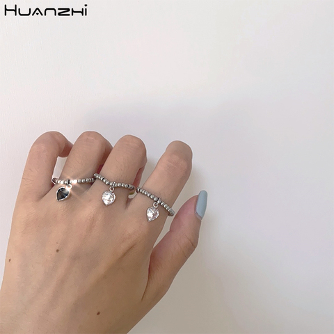 HUANZHI 2022 New Korean Vintage Silver Color Metal Bead Rhinestone Pendant Heart Rings for Women Girls Jewelry Gifts ► Photo 1/6